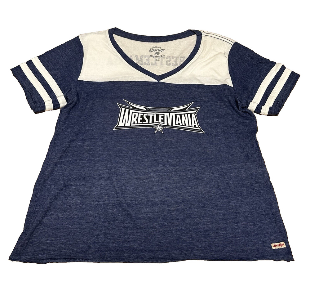 WWE WrestleMania 32 Sportiqe Women’s Blue Graphic Top Shirt Size XL